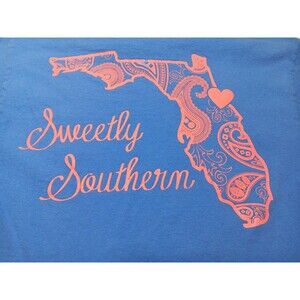Sweetly Southern Shirt Womens Small Blue Tee Paisley Florida Love Logo Distress